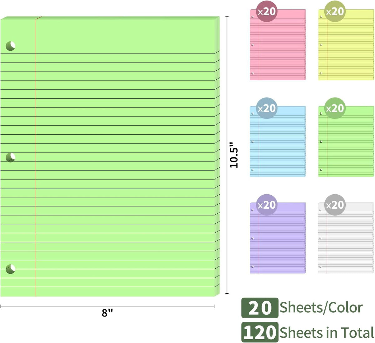 120 Sheets Loose Leaf Paper, 8” x 10.5”, 6 Colors Wide Ruled Lined Paper
