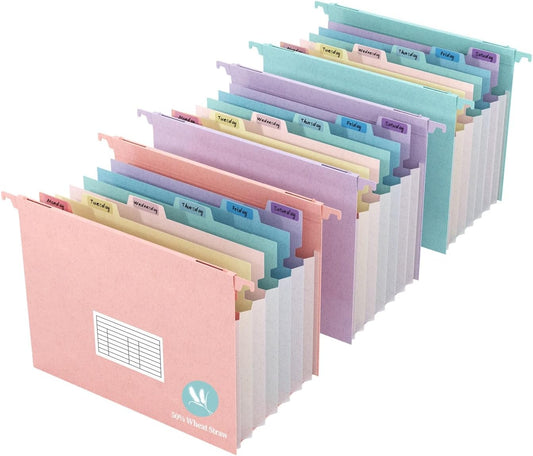 Expanding Hanging File Folders for Filing Cabinet, 7 Accordion Pockets, 1.2'' Expandable, Multi-Color Tabs, Letter Size, 50% Wheat Straw, 3 Pack (Assorted Pastel)