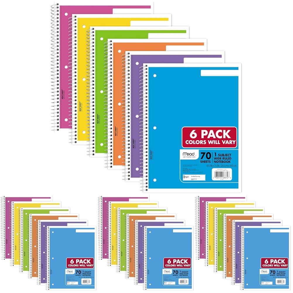 Mead Spiral Notebook, 6 Pack, 1 Subject, College Ruled Paper, 7-1/2" x 10-1/2", 70 Sheets per Notebook, Assorted Bright Colors (830050-ECM)