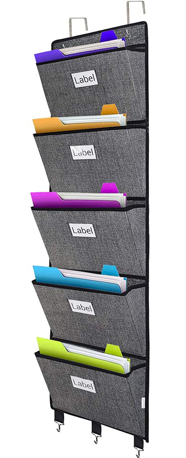 homyfort Over the Door File Organizer, Wall Hanging File Folders with 5 Large Pocket for Mails, Magazines, Back to School Supplies,Office Chart Storage, Paper Organization (Grey)