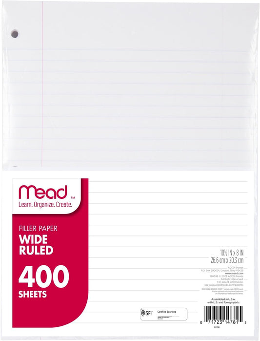 Mead Loose Leaf Paper, Wide Ruled Filler Notebook Paper, 8" x 10-1/2", 400 Sheets, Fits 3-Ring Binder (150036-ECM)