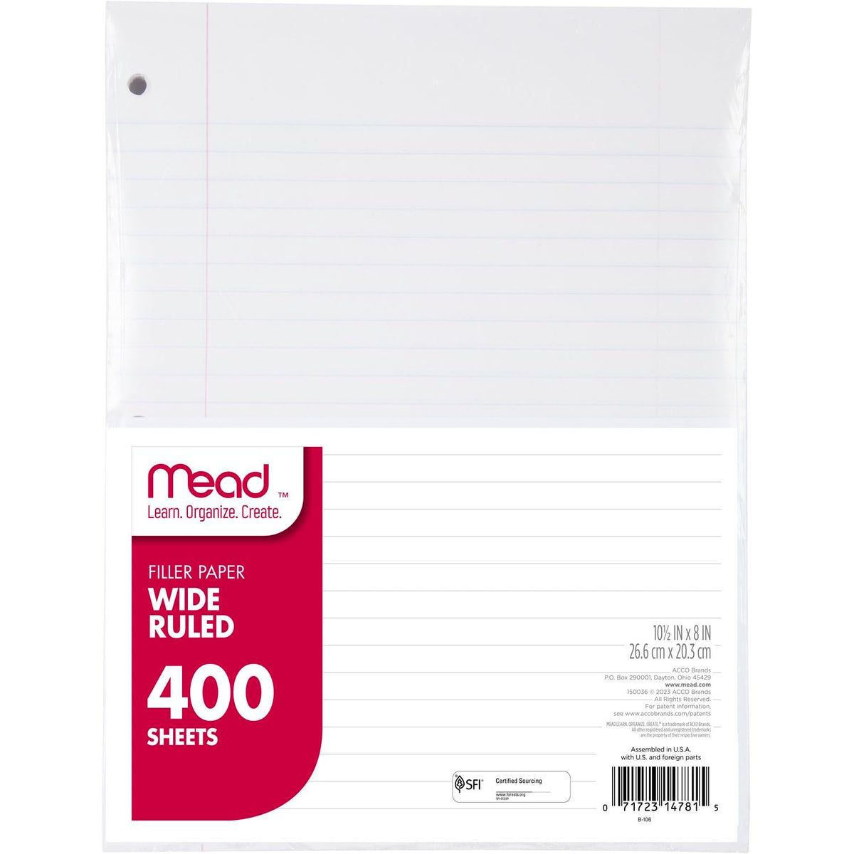 Mead Loose Leaf Paper, Wide Ruled Filler Notebook Paper, 8" x 10-1/2", 400 Sheets, Fits 3-Ring Binder (150036-ECM)