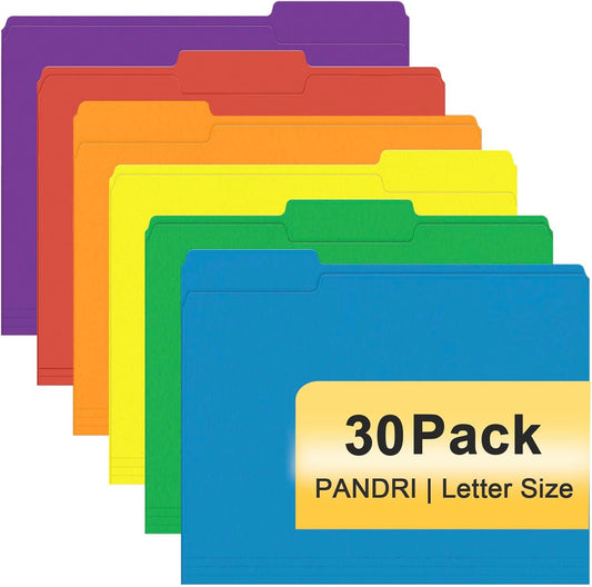 PANDRI Colored File Folders, 30 Pack 1/3 Cut Tab File Folder, 6 Colors