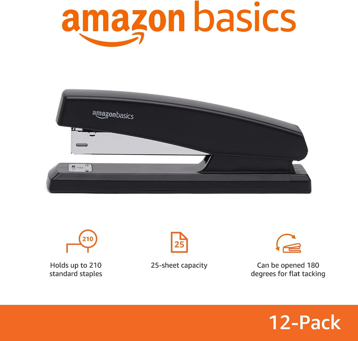 Amazon Basics Office Desk Stapler, 25-Sheet Capacity, Non-Slip with 1000 Staples, Black, 12-Pack