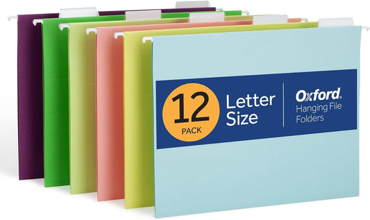 Oxford Hanging File Folders, 12 Pack, Letter Size (8.5" x 11"), 6 Assorted Colors, 5 Tab Positions, Includes Tabs and Inserts, Hanging Files for Office and Document Organization