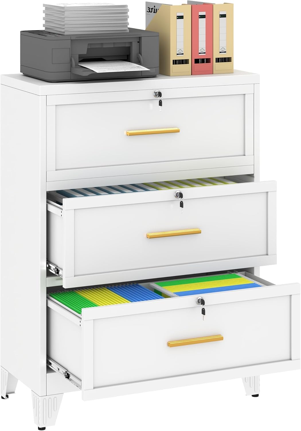 2 Drawer Metal File Cabinet with Lock,Lateral Filing Storage Cabinets,Steel Wide File Organization for Legal/Letter/A4/F4 Size with Hanging Files&Key,Lockable Printer Stand for Home Office, Black