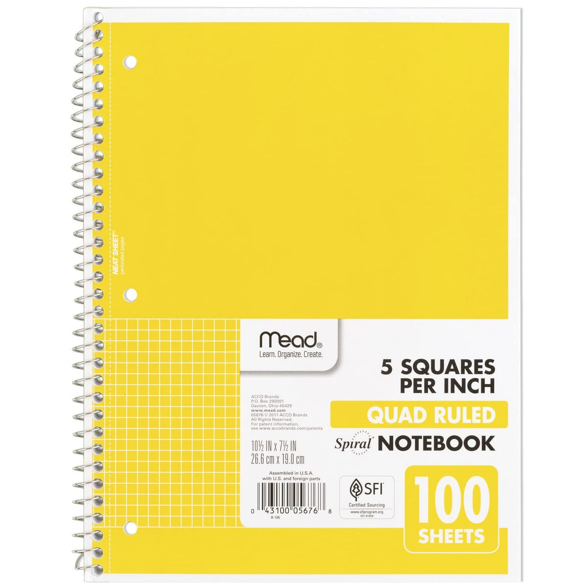 Mead Spiral Notebook, 1 Subject, Graph Ruled Paper, 7-1/2" x 10-1/2", 100 Sheets, Green (05676AC5)