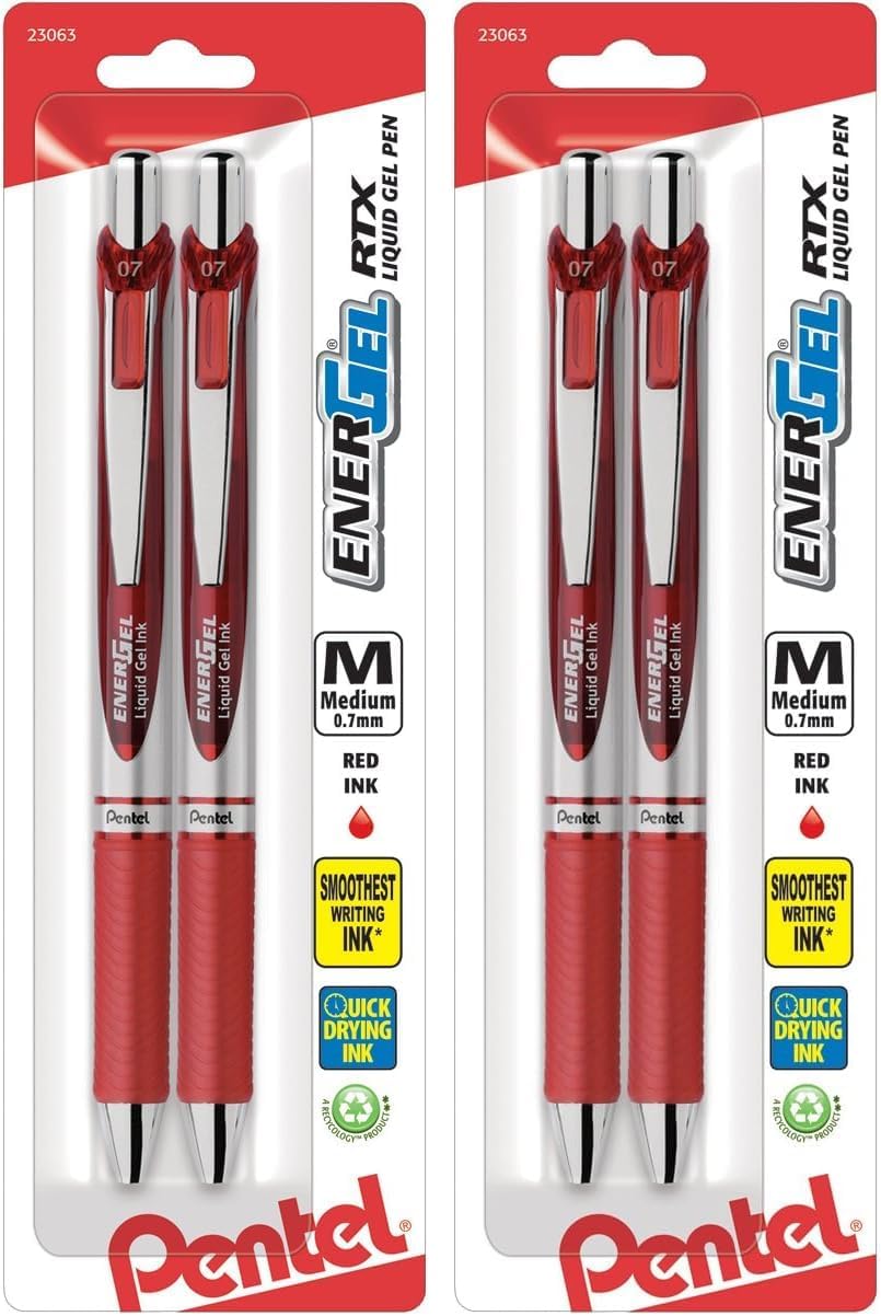 Pentel EnerGel RTX Retractable Liquid Gel Pen, (0.7mm), Medium Line, Metal Tip, Black Ink, Pack of 2 (BL77BP2A)