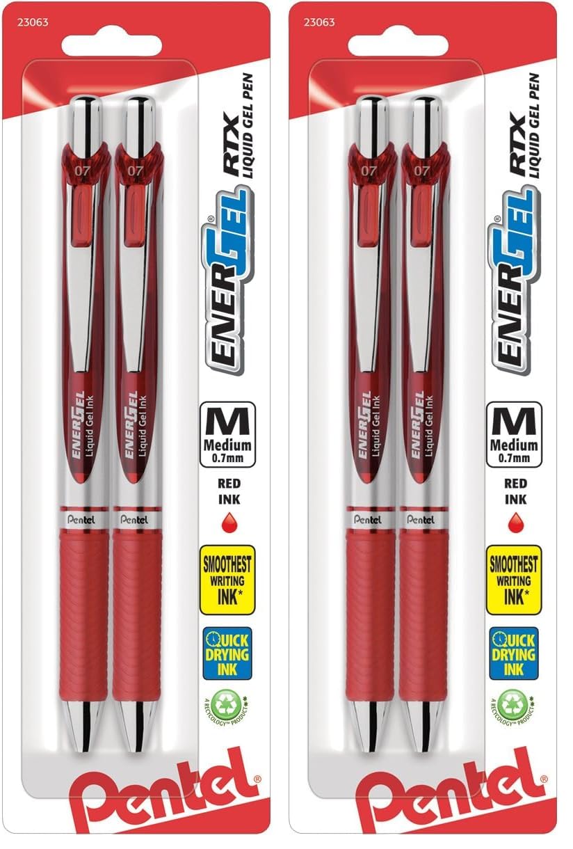 Pentel EnerGel RTX Retractable Liquid Gel Pen, (0.7mm), Medium Line, Metal Tip, Black Ink, Pack of 2 (BL77BP2A)