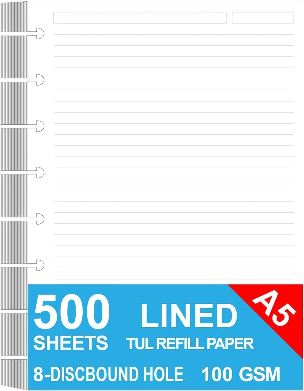 Junior Size Refills Paper, A5 Loose Leaf Paper for TUL Custom Note-Taking System Discbound Notebook Planner Inserts, White, Total 100 Sheets/200 Pages, College Ruled, 5.5 X 8.5 Inch