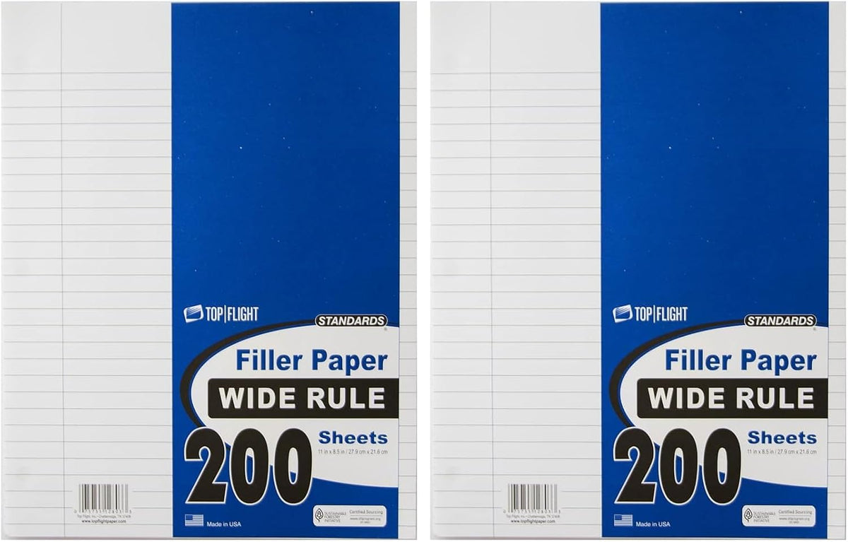 Top Flight Filler Paper, 8.5 x 11 Inches, Wide Rule, 200 Sheets (12803) White