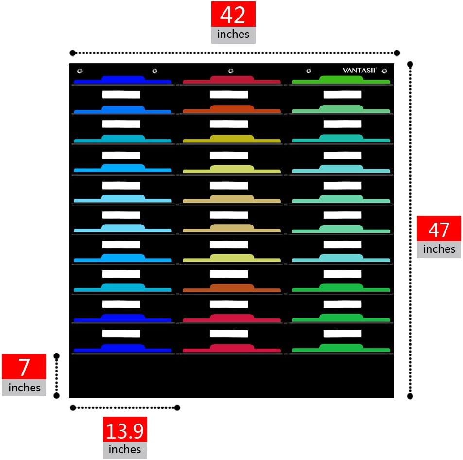Vantasii Organization Center Pocket Chart, Wall File Organizer Folder with 30 File Pockets, 30 Dry-Erase Cards Plus 5 Over The Door Hooks and 8 Wall Hooks, 47 X 42 inch
