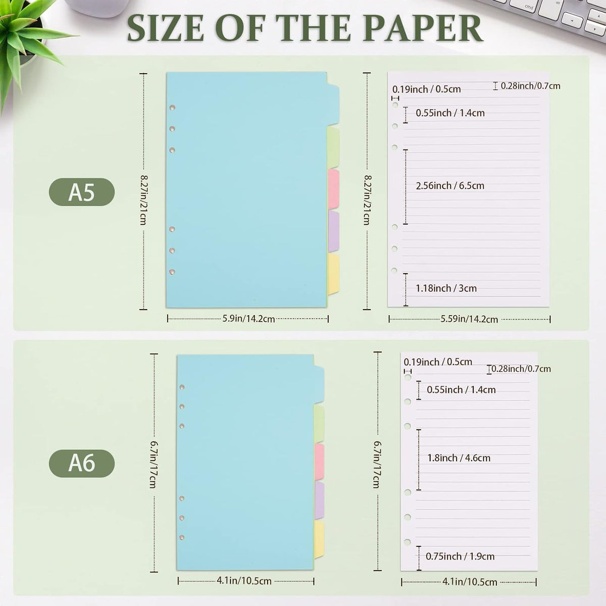 A5 Refill Paper, 6 Ring Lined Paper with Binder Dividers, 240 Pages, White