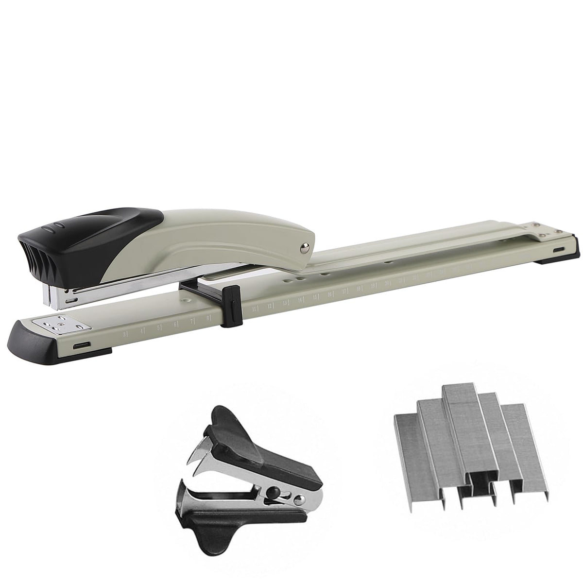 Long Reach Stapler,with 2000 Staples & Stapler Remover Full Strip，20-25 Sheet Capacity,with Built-in Ruler and Adjustable Locking Paper Guide, Gray