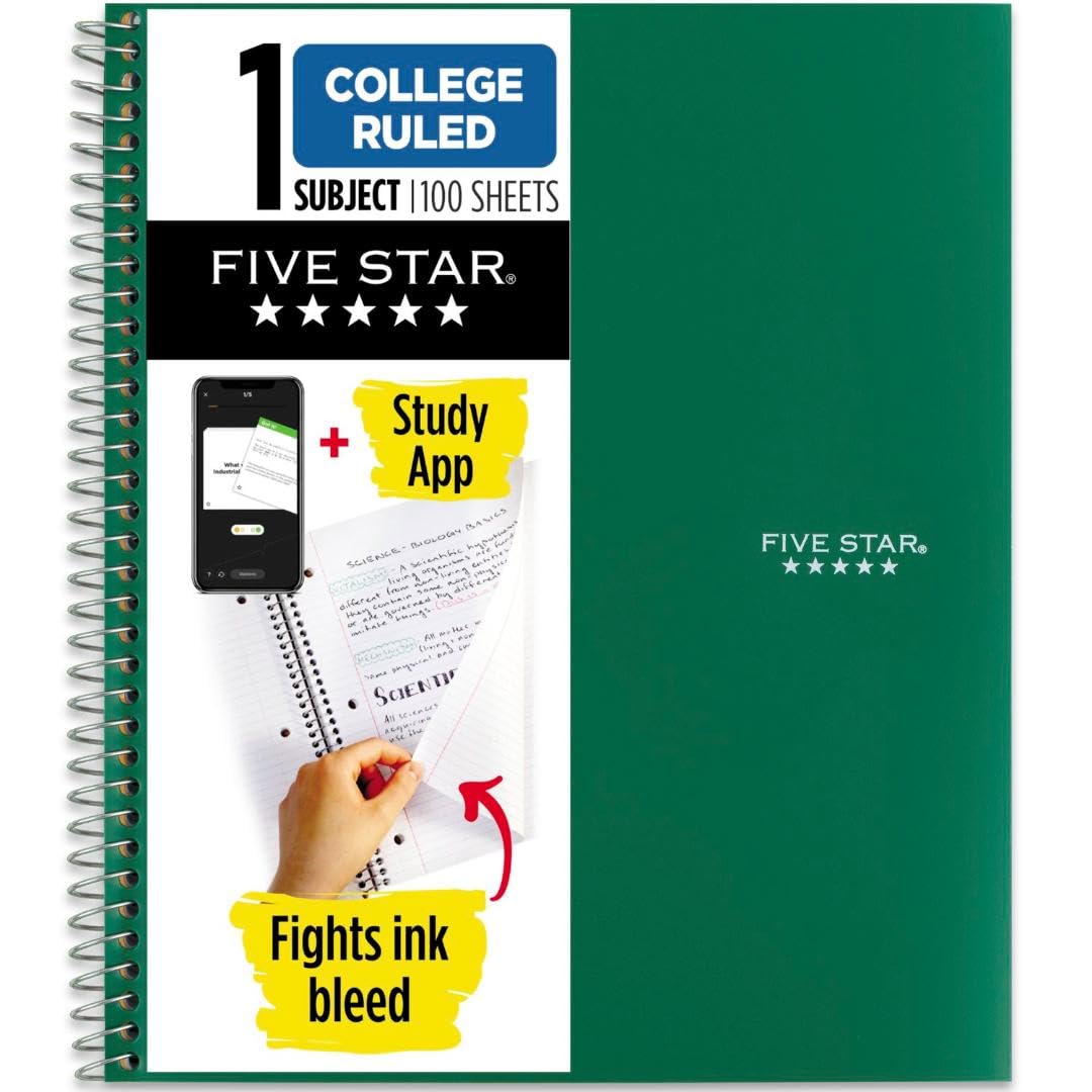 Five Star Spiral Notebook + Study App, 1 Subject, College Ruled Paper, 8.5" x 11", 100 Sheets, Blue (Color May Vary) (72565)