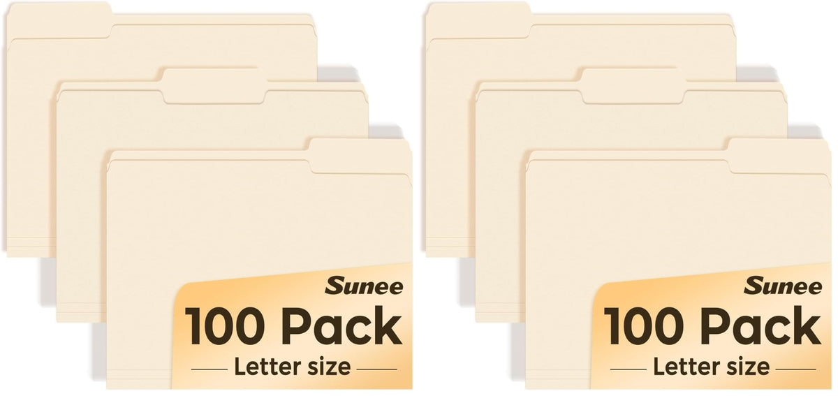 SUNEE Manilla Folders Letter Size (8.5 x 11 inches),100 Per Box, 1/3 Cut Tab for Easy Labeling and Organization, Durable Standard Paper for Home, Office, School Filing