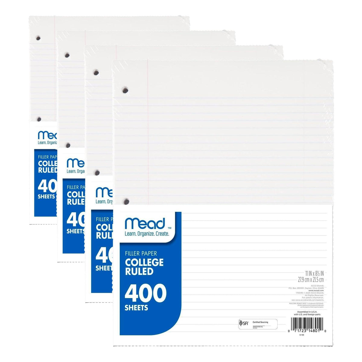 Mead Loose Leaf Paper, College Ruled Filler Notebook Paper, 8-1/2" x 11", 400 Sheets, Fits 3-Ring Binder (170046-ECM)