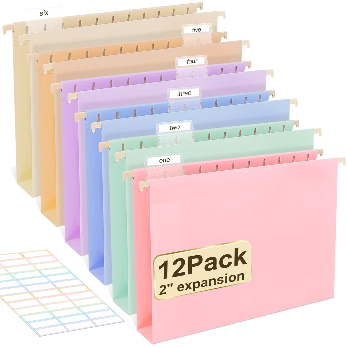 Extra Capacity Plastic Hanging File Folders Letter Size,12 Pack 2 Inch Capacity Hanging File folders with Tabs,Heavy Duty for Filing Cabinet,Home and Office File,Pastel Colors