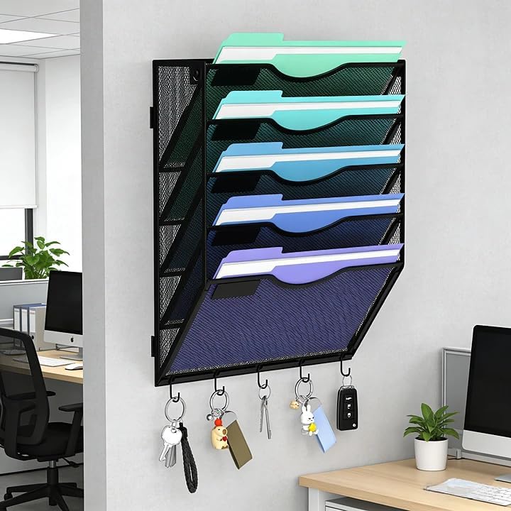 Gawerk Hanging Wall File Organizer with 5 Hooks - Wall Mounted Mail Paper Document Folder Holder, Sturdy Mesh Magazine Rack for Office Home (5 Tier)