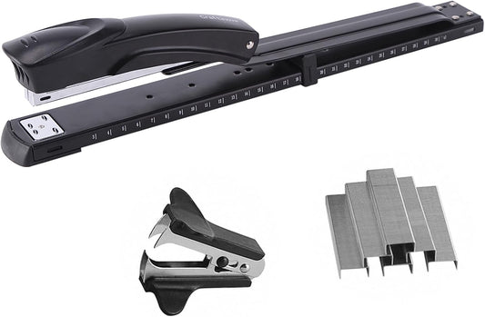 Long Reach Stapler,with 2000 Staples & Stapler Remover Full Strip，20-25 Sheet Capacity,with Built-in Ruler and Adjustable Locking Paper Guide, Gray