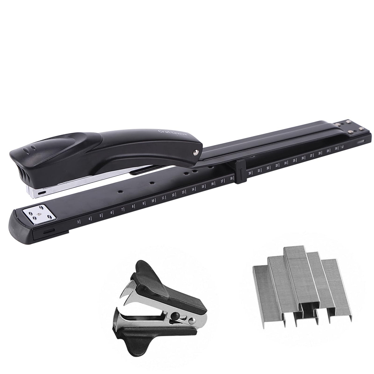 Long Reach Stapler,with 2000 Staples & Stapler Remover Full Strip，20-25 Sheet Capacity,with Built-in Ruler and Adjustable Locking Paper Guide, Gray