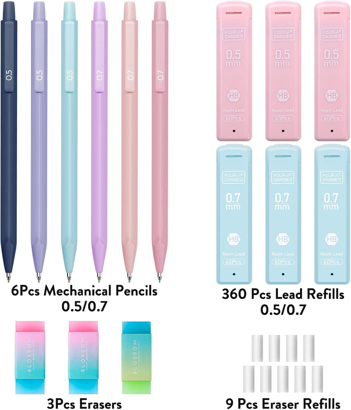 Four Candies Cute Mechanical Pencil Set, 6-Pack 0.5/0.7mm