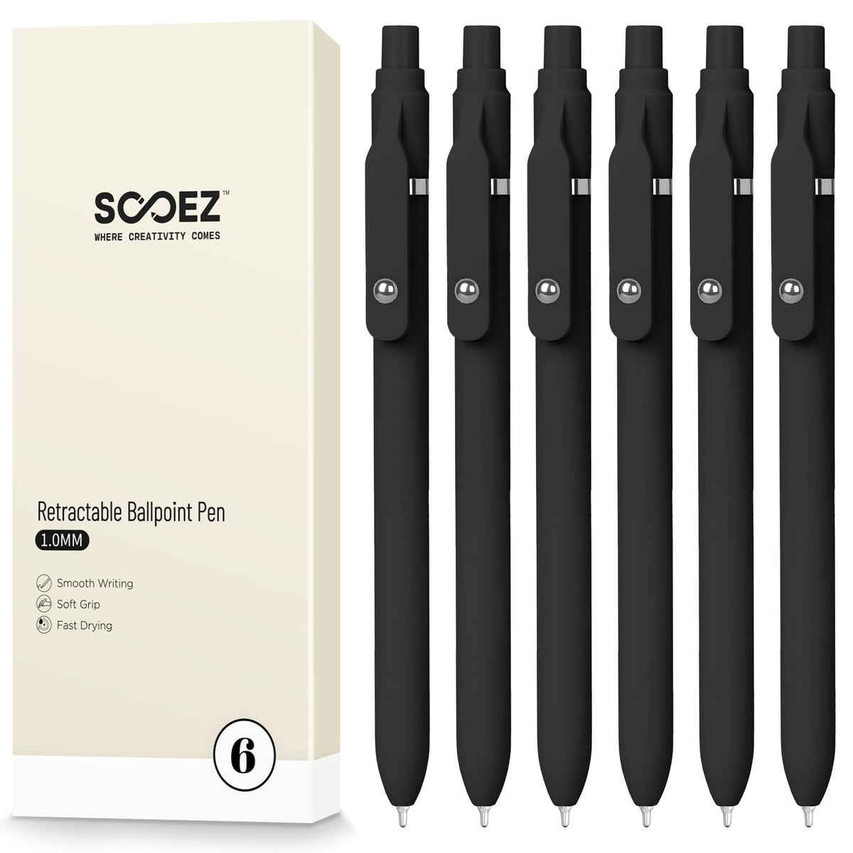 Sooez 6 Pack Ballpoint Pen, Retractable Black Pen ballpoint Smooth Writing