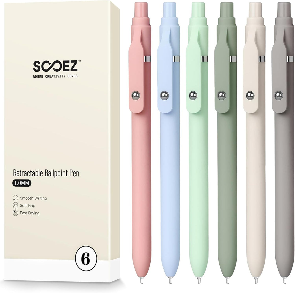 Sooez 6 Pack Ballpoint Pen, Retractable Black Pen ballpoint Smooth Writing