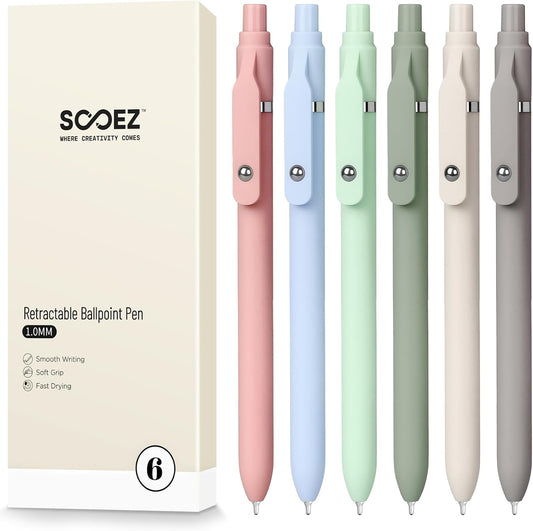 Sooez 6 Pack Ballpoint Pen, Retractable Black Pen ballpoint Smooth Writing
