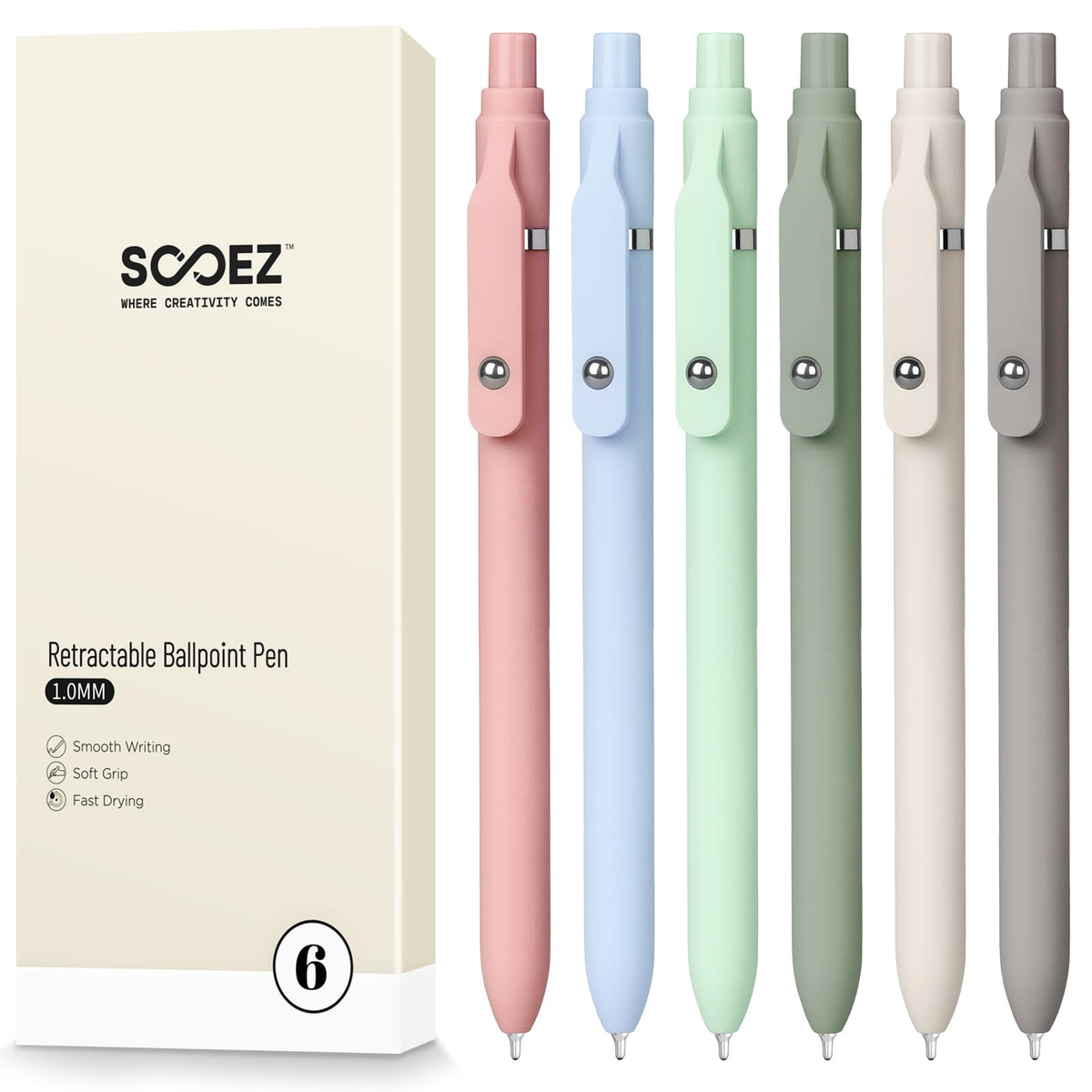 Sooez 6 Pack Ballpoint Pen, Retractable Black Pen ballpoint Smooth Writing