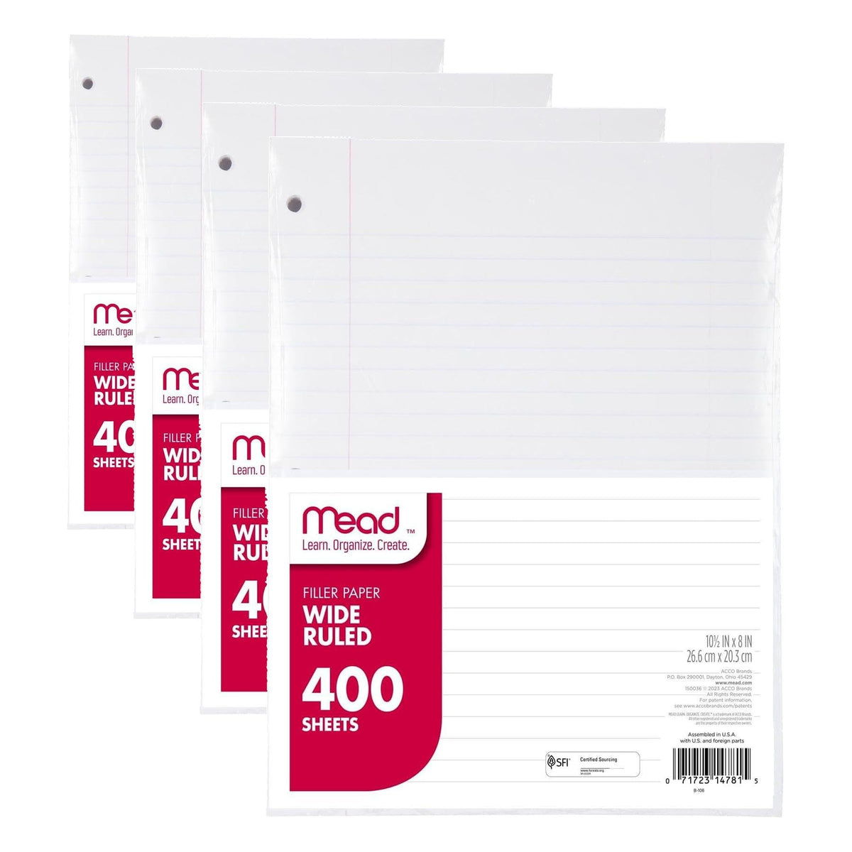Mead Loose Leaf Paper, Wide Ruled Filler Notebook Paper, 8" x 10-1/2", 400 Sheets, Fits 3-Ring Binder (150036-ECM)