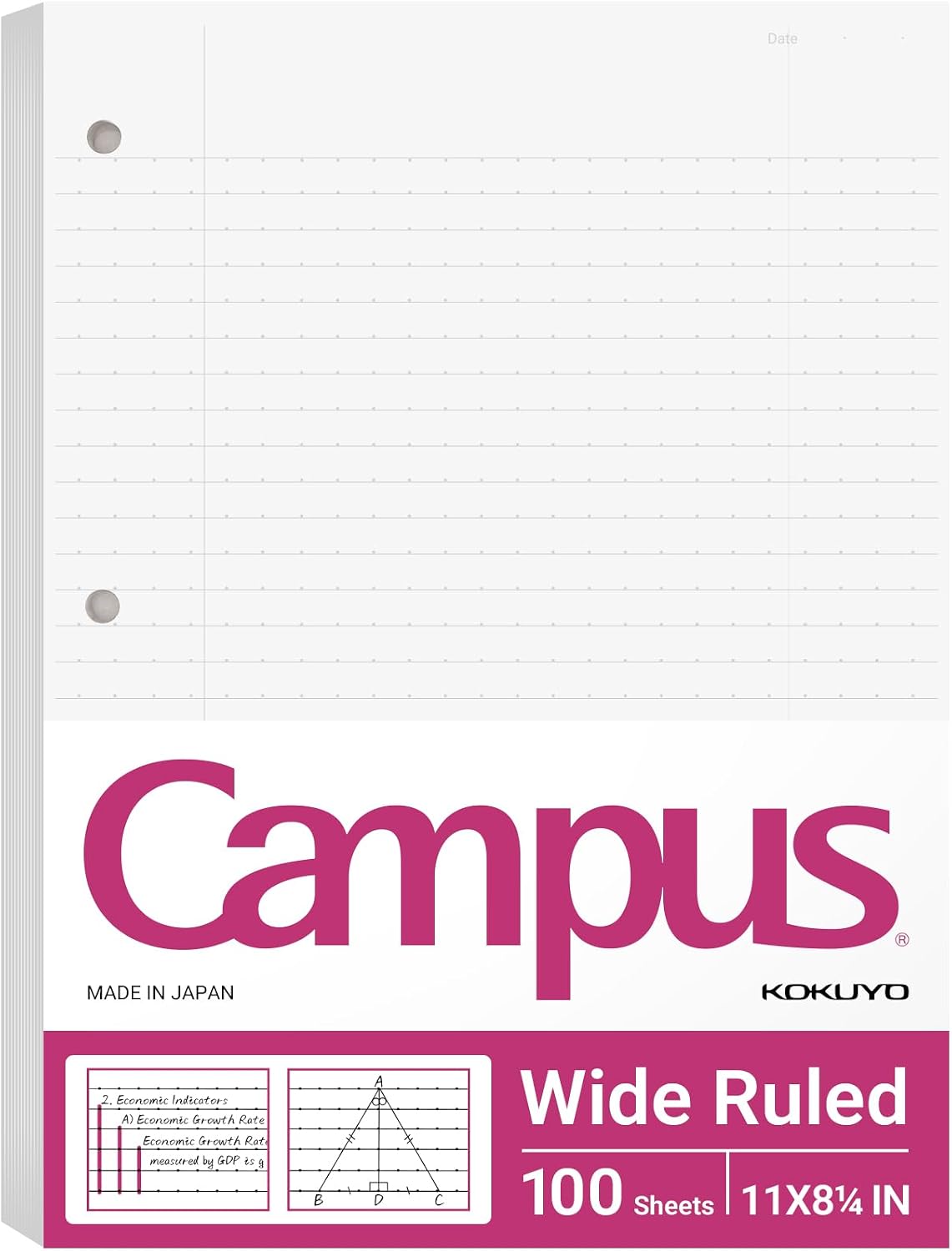 Kokuyo 3 Hole Loose Leaf Paper, 8-1/4"x11” Wide Ruled, 100 Sheets, 1 Pack