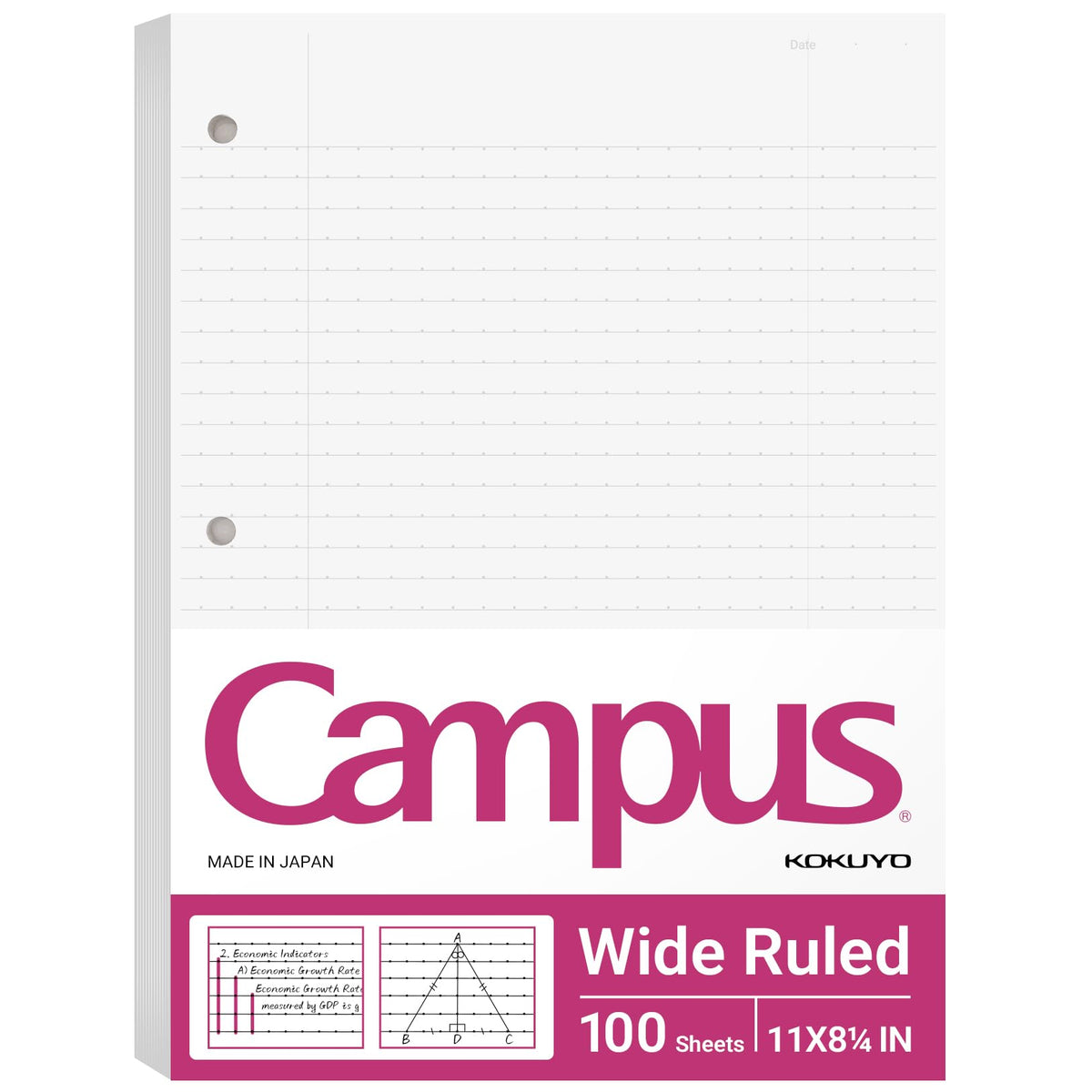 Kokuyo 3 Hole Loose Leaf Paper, 8-1/4"x11” Wide Ruled, 100 Sheets, 1 Pack