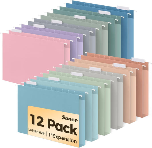 SUNEE Hanging File Folders Extra Capacity Morandi Colors, 12 Pack Letter Size File Folders with 1/5-cut Tabs, Heavy Duty 1 Inch Expansion, Stay Organized for Your Home and Office Bulk File