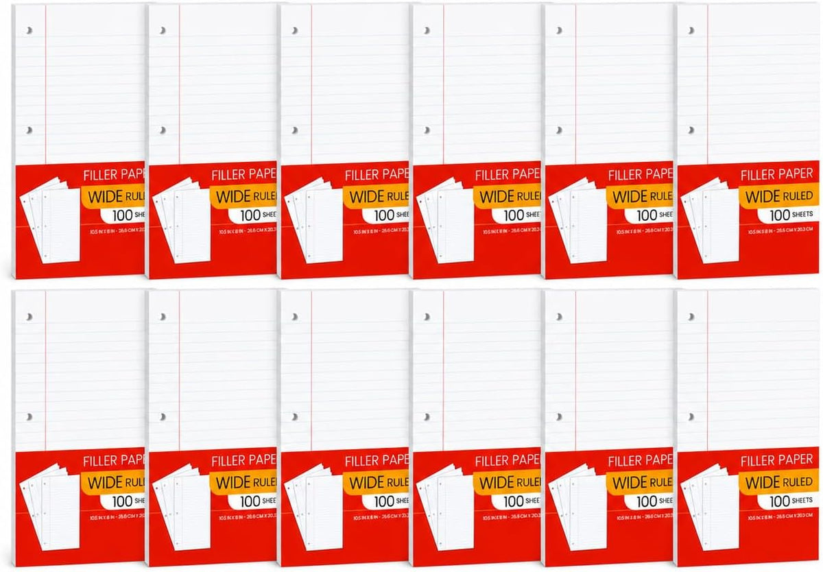 Notebook Paper Wide Ruled, Loose Leaf Paper Wide Ruled Notebook Paper Bulk, Lined Filler Paper for 3 Ring Binders - 10.5” X 8", for Student, College, School Classroom - 100 Sheets/Pack (2 Pack)
