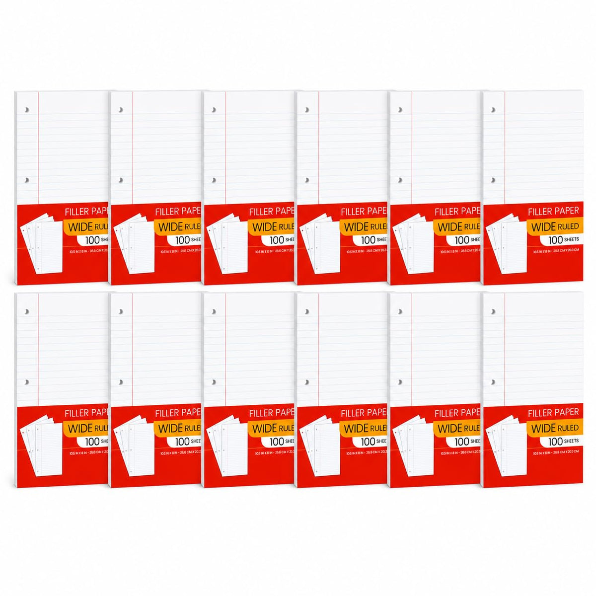 Notebook Paper Wide Ruled, Loose Leaf Paper Wide Ruled Notebook Paper Bulk, Lined Filler Paper for 3 Ring Binders - 10.5” X 8", for Student, College, School Classroom - 100 Sheets/Pack (2 Pack)
