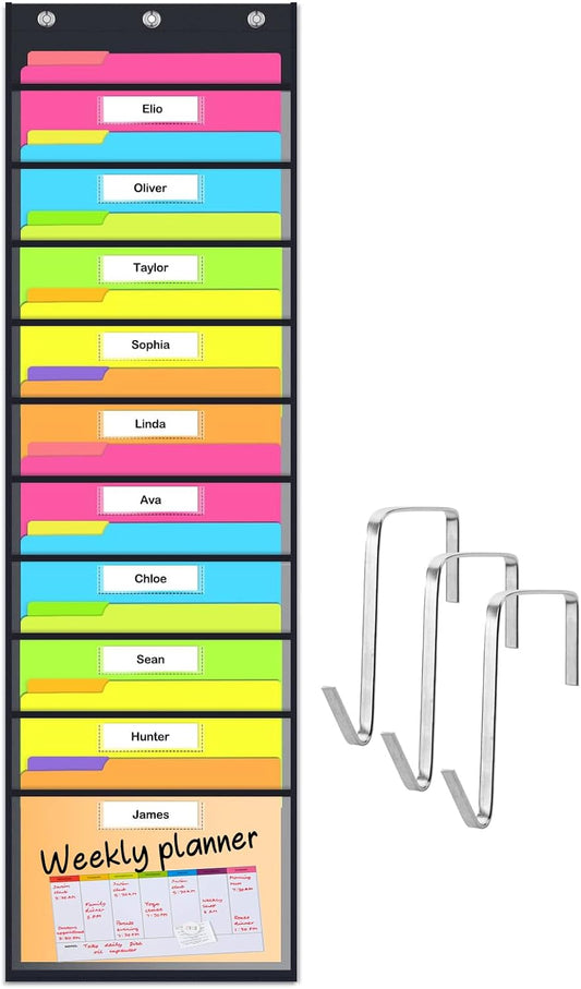 Clear Storage Pocket Chart for Classroom & Office with 10 Nametag Pockets, 3 Overdoor Hangers Included, Hanging Wall File Organizer for File Folders, Assignments, Files, Scrapbook Papers & More