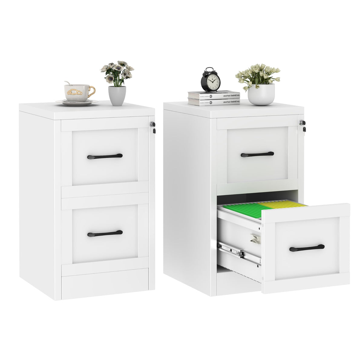 2 Drawer Metal File Cabinet with Lock,Lateral Filing Storage Cabinets,Steel Wide File Organization for Legal/Letter/A4/F4 Size with Hanging Files&Key,Lockable Printer Stand for Home Office, Black
