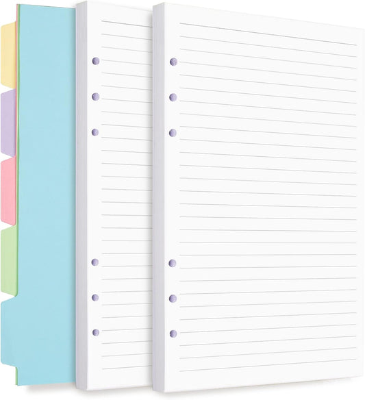 A5 Refill Paper, 6 Ring Lined Paper with Binder Dividers, 240 Pages, White