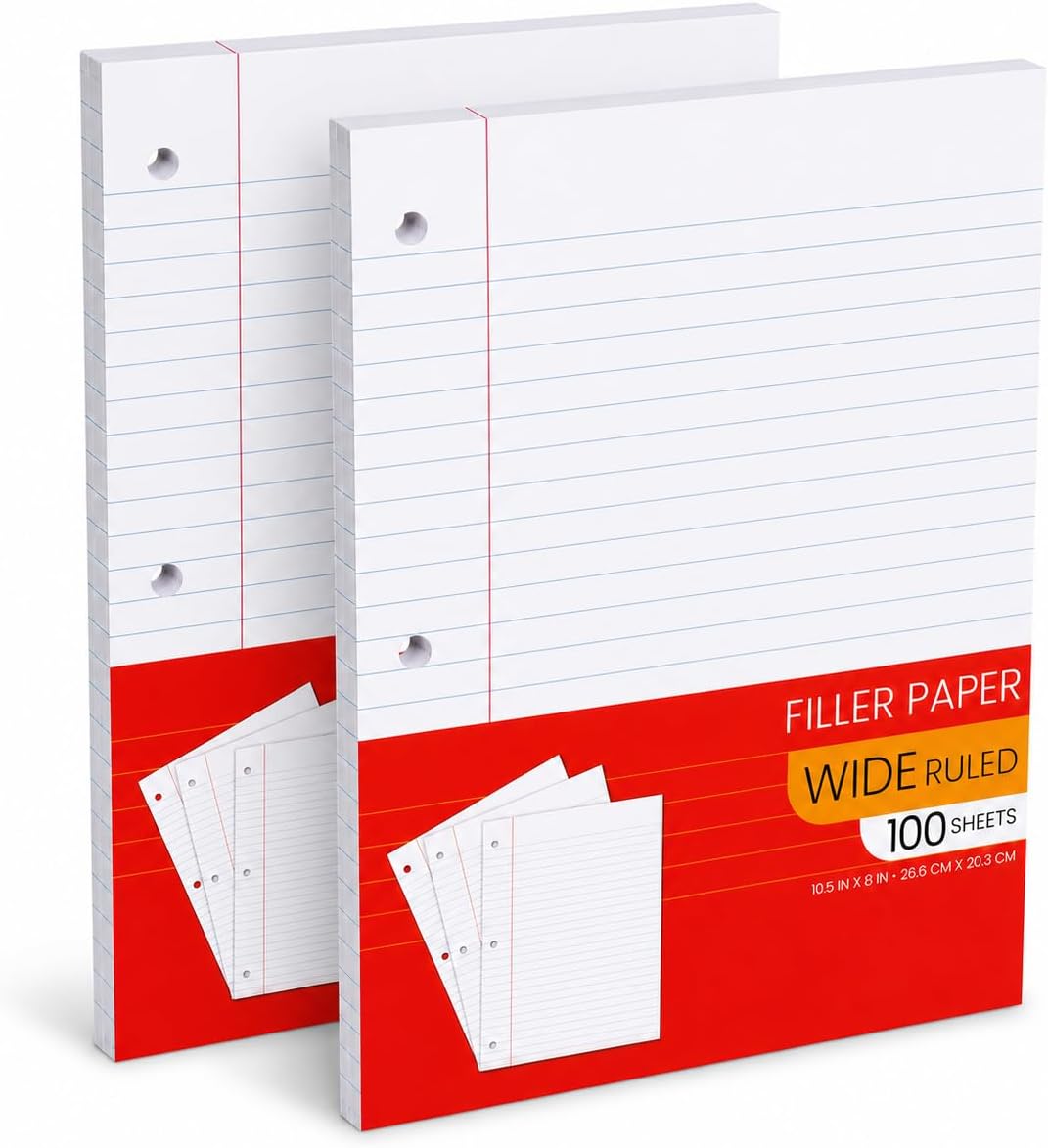 Notebook Paper Wide Ruled, Loose Leaf Paper Wide Ruled Notebook Paper Bulk, Lined Filler Paper for 3 Ring Binders - 10.5” X 8", for Student, College, School Classroom - 100 Sheets/Pack (2 Pack)