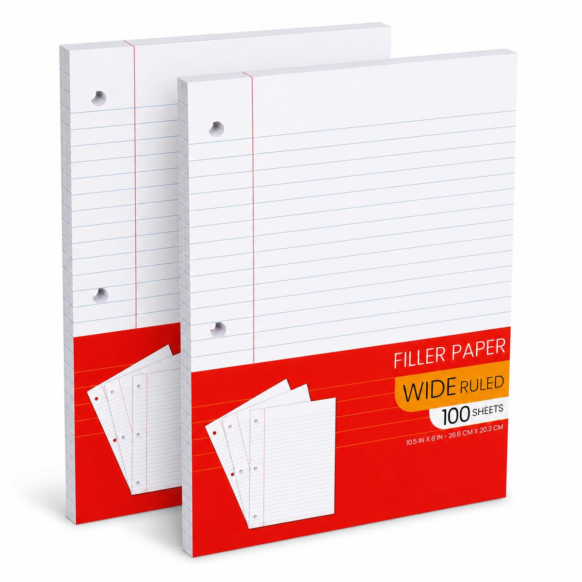 Notebook Paper Wide Ruled, Loose Leaf Paper Wide Ruled Notebook Paper Bulk, Lined Filler Paper for 3 Ring Binders - 10.5” X 8", for Student, College, School Classroom - 100 Sheets/Pack (2 Pack)