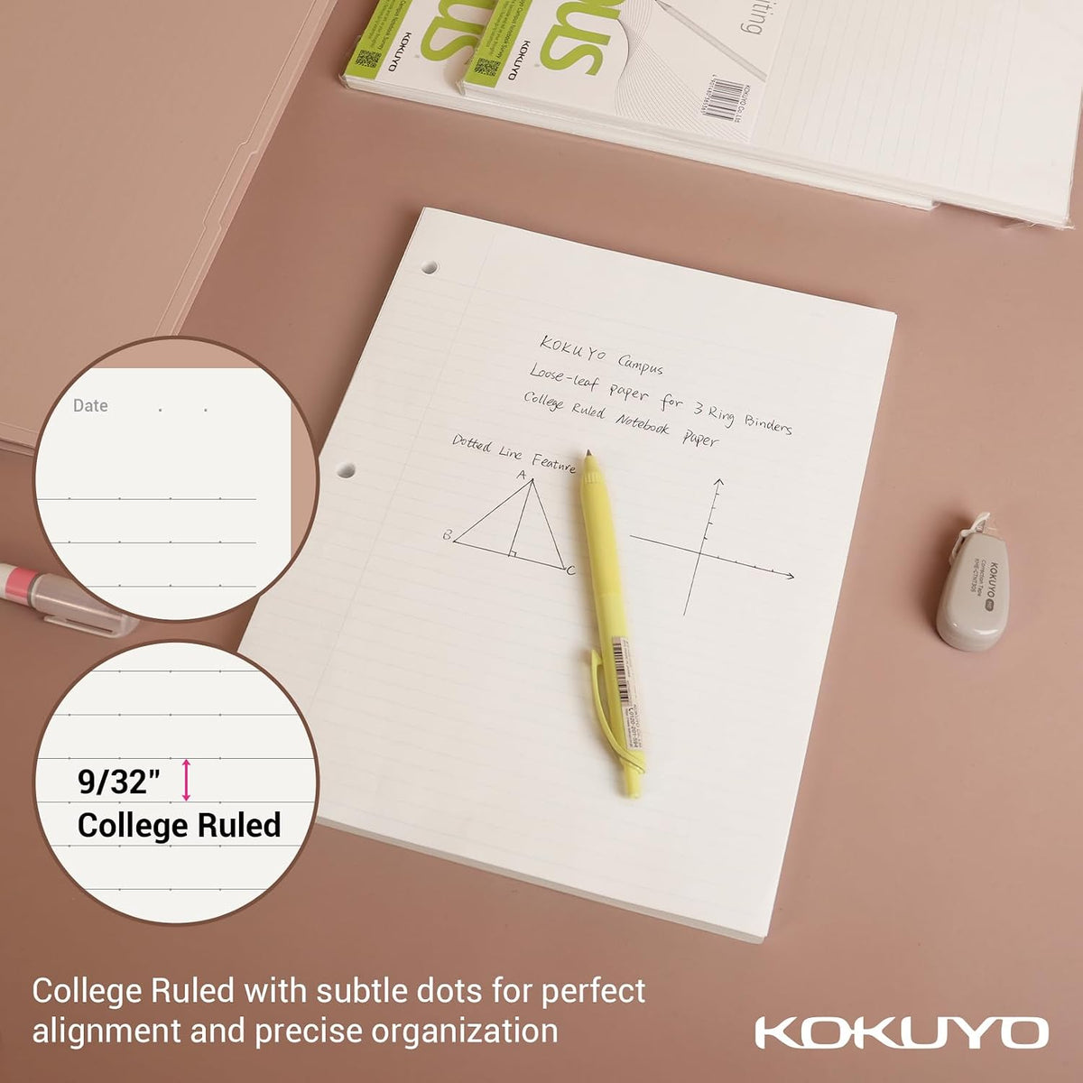 Kokuyo 3 Hole Loose Leaf Paper 8-1/4"x11” College Ruled, 100 Sheets, 5 Pack