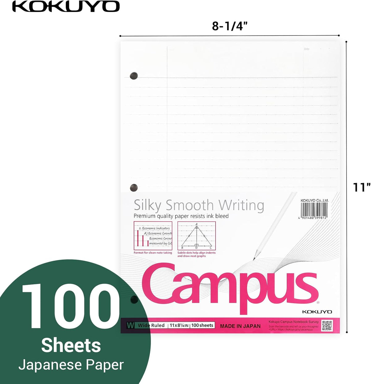 Kokuyo 3 Hole Loose Leaf Paper, 8-1/4"x11” Wide Ruled, 100 Sheets, 1 Pack