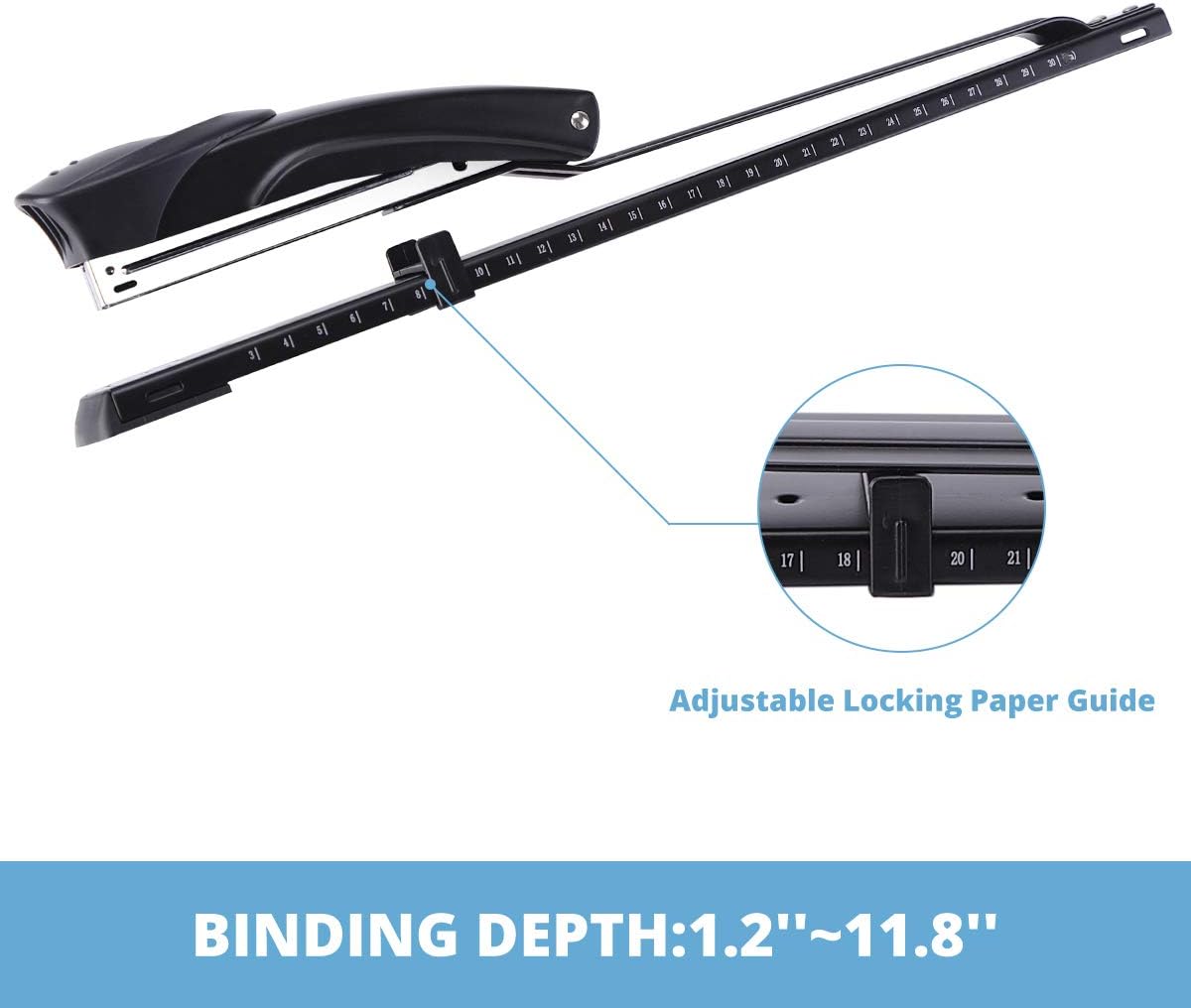 Long Reach Stapler,with 2000 Staples & Stapler Remover Full Strip，20-25 Sheet Capacity,with Built-in Ruler and Adjustable Locking Paper Guide, Gray