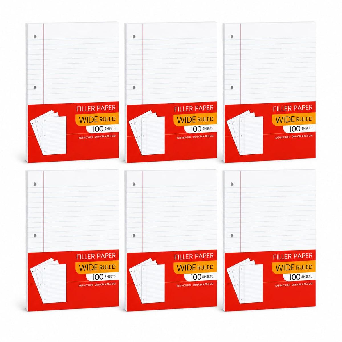 Notebook Paper Wide Ruled, Loose Leaf Paper Wide Ruled Notebook Paper Bulk, Lined Filler Paper for 3 Ring Binders - 10.5” X 8", for Student, College, School Classroom - 100 Sheets/Pack (2 Pack)