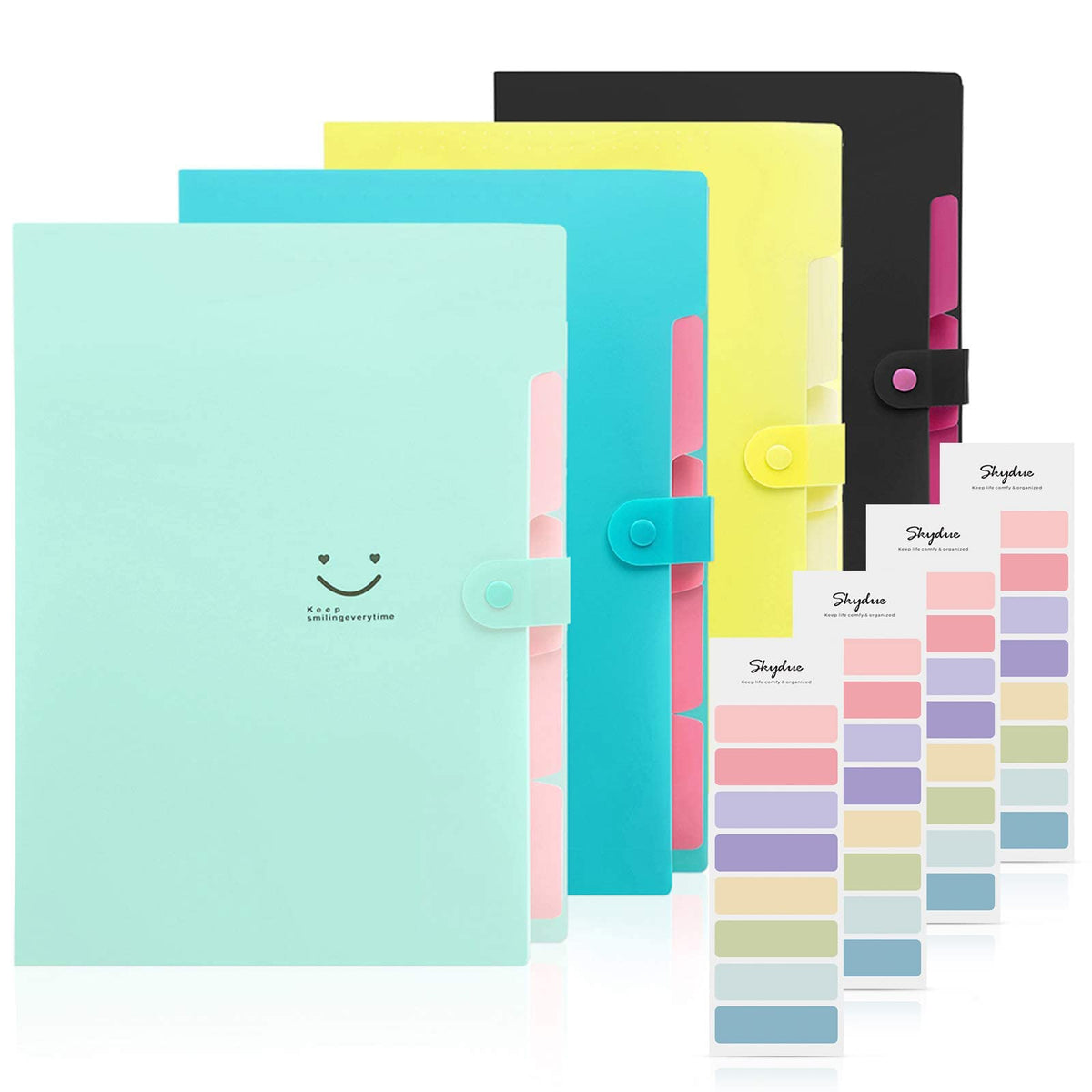 SKYDUE Expanding File Folders with 5 Pockets, Accordion File Organizer with 32 Labels, Portable Document Paper Organizer, Filing Folders, Letter / A4 Size, Pack of 4