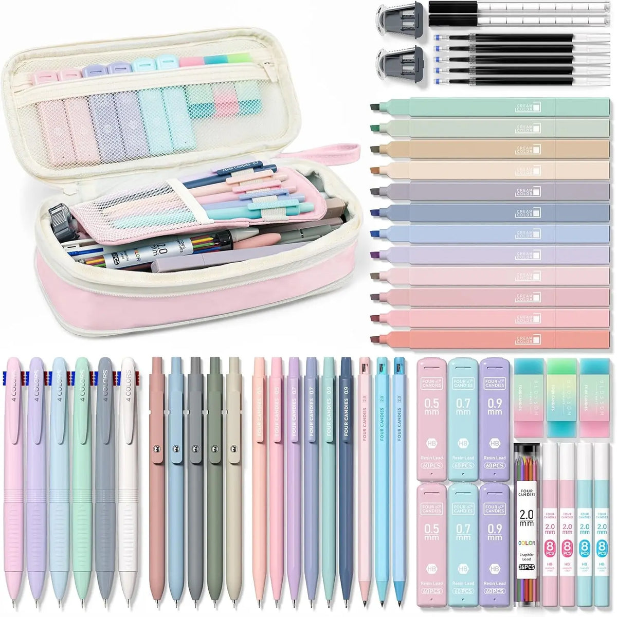 【Buy 1 Get Gift】back to school shopping Four Candies 56PCS Aesthetic School Supplies with Cute Pencil Case,6 Multicolor Pens,12 Pastel Highlighters, 5 Black Ink Gel Pens, 9 Mechanical Pencils for Student Essentials,girly office supplies,Writing Stationery