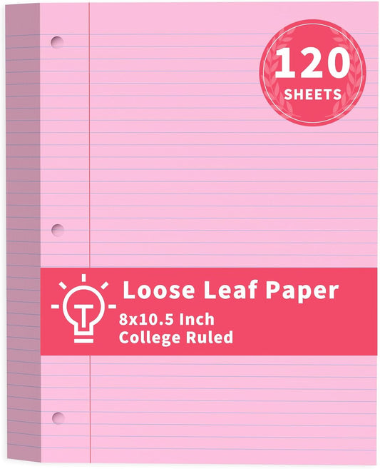 Loose Leaf Paper 120 Sheets Pink Paper 8x10.5 College Ruled Notebook Paper
