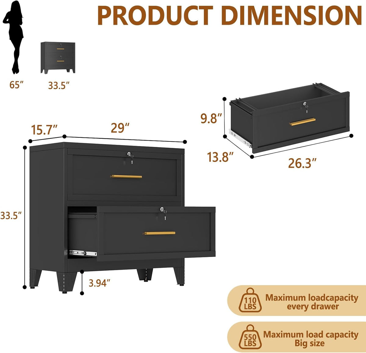 2 Drawer Metal File Cabinet with Lock,Lateral Filing Storage Cabinets,Steel Wide File Organization for Legal/Letter/A4/F4 Size with Hanging Files&Key,Lockable Printer Stand for Home Office, Black