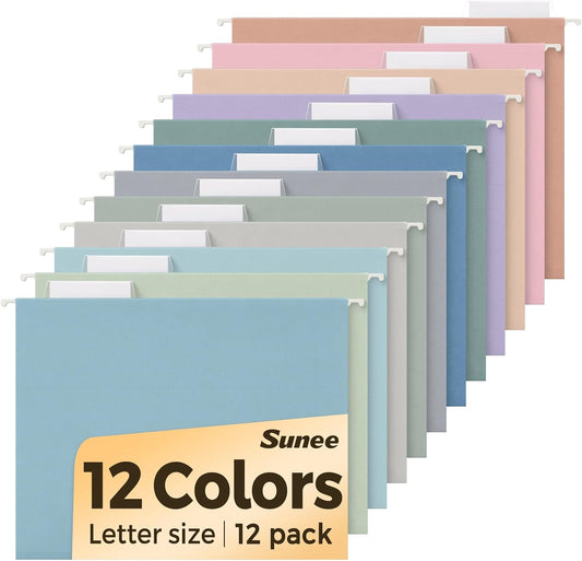 SUNEE Hanging File Folders, 12 Pack Letter Size Hanging File Folders with 1/5-cut Tabs, Stay Organized for Your Home and Office Bulk File, Documents and Paper, 12 Pastel Colors